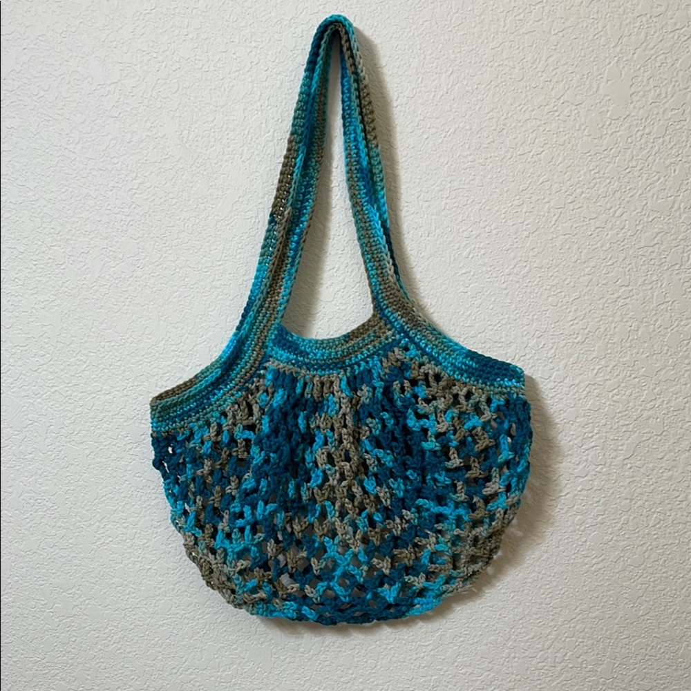 Handcrafted Blue and Gray Crochet mesh market, beach Bag
